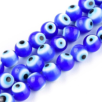 Handmade Evil Eye Lampwork Round Bead Strands, Blue, 6mm, Hole: 1mm, about 64pcs/Strand, 14.57''(37cm)