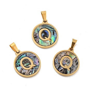 Vacuum Plating 304 Stainless Steel with Paua Shell Pendants, Golden, Flat Round with Letter Charm, Letter.Q, 18x16x1.5mm, Hole: 3x6mm