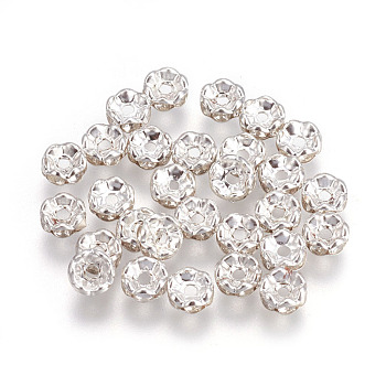 Iron Rhinestone Spacer Beads, Grade B, Waves Edge, Rondelle, Silver Color Plated, Clear, Size: about 6mm in diameter, 3mm thick, hole: 1.5mm