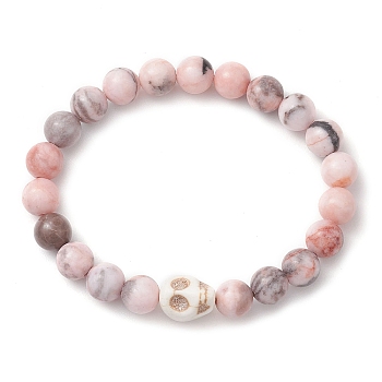 8.5mm Round Natural Pink Zebra Jasper Beaded Stretch Bracelets, Halloween Skull Synthetic Turquoise Bracelets for Women Men, Inner Diameter: 2-1/8 inch(5.5cm)