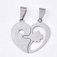 201 Stainless Steel Split Pendants, for Lovers, Heart with Lock & Clover & Word I Love You, For Valentine's Day, Stainless Steel Color, 25x27x1mm, Hole: 8x4mm(STAS-T048-21)