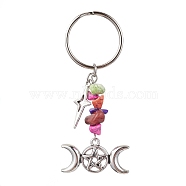Tibetan Style Alloy Keychain, with Dyed Synthetic Turquoise Beads Strands, Iron Split Key Rings, Star with Moon, Moon, 6.7cm, Moon: 43x30x7mm(KEYC-JKC00708-01)