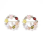 Flat Round with Butterfly Bee Flower Enamel Pin with Rhinestone, 3D Animal Alloy Brooch with Imitation Pearl for Backpack Clothes, Nickel Free & Lead Free, Light Golden, Colorful, 30x32mm(X-JEWB-N007-070)