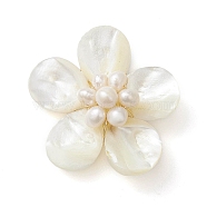 Natural Pearl & Shell Links Connector Charms, Flower Links with Copper Wire Double Loops, Golden, 34x37.5x14mm, Hole: 2.5mm(PALLOY-JF02636-01)