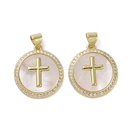 Brass Micro Pave Clear Cubic Zirconia Pendants, with Shell, Flat Round with Cross, Real 16K Gold Plated, 21.5x19x2mm, Hole: 3.5x4mm(KK-H466-07G)
