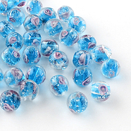 Handmade Luminous Inner Flower Lampwork Beads, Round, Deep Sky Blue, 9~10mm, Hole: 1~2mm(LAMP-R129-10mm-04)