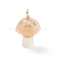 Natural Cherry Blossom Agate Copper Wire Wrapped Pendants, Mushroom with Vortex Charm, Light Gold, 29x16.5mm, Hole: 3~4mm(PALLOY-TA00006-04)