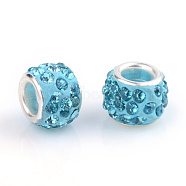 Polymer Clay Rhinestone European Beads, Large Hole Beads, Rondelle, with Silver Color Plated Brass Cores, Aquamarine, 10~12x7~8mm, Hole: 5mm(X-CPDL-T001-04)