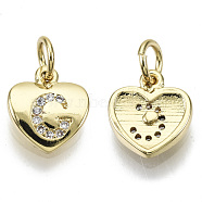 Brass Micro Pave Clear Cubic Zirconia Charms, with Jump Ring, Heart with Letter, Real 16K Gold Plated, Nickel Free, Letter.C, 10x9x2mm, Jump Ring: 5x1mm, 3mm inner diameter(KK-N227-34C-NF)
