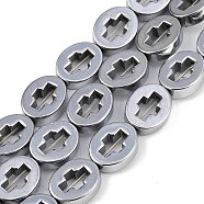 Electroplated Synthetic Non-magnetic Hematite Beads Strands, Nickel Free & Lead Free, Oval with Hollow Cross, Platinum Plated, 8x10x3mm, Hole: 0.8mm, about 40pcs/strand, 15.75''(40cm)(G-K375-C01-01)