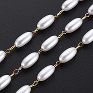 304 Stainless Steel & ABS Plastic Imitation Pearl Beaded Chains, Soldered, with Spool, Oval, Real 16K Gold Plated, 7.5x3.5mm, about 65.62 Feet(20m)/Roll(CHS-S008-014B-G)