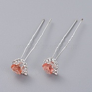 (Defective Closeout Sale), Lady's Hair Accessories, Silver Color Plated Iron Hair Forks, with Glass Rhinestone, Heart, Light Salmon, 72mm(PHAR-XCP0004-10)