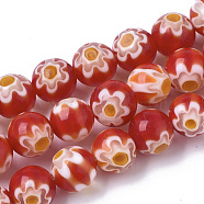 Handmade Millefiori Lampwork Beads Strands, Round, Red, 8mm, Hole: 1.2mm, about 48pcs/strand, 14.17 inch(36cm)(LAMP-R143-01F)