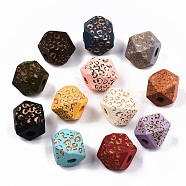 Painted Natural Wood Beads, Laser Engraved Pattern, Faceted, Polygon with Leopard Print, Mixed Color, 10x10x10mm, Hole: 2mm(WOOD-T021-51A-M)