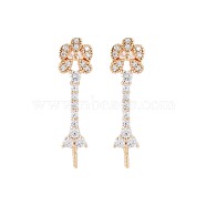 Brass Micro Pave Clear Cubic Zirconia Stud Earring Findings, for Half Drilled Beads, Nickel Free, Flower, Real 18K Gold Plated, 26x6.5mm, Pin: 0.7mm, pin: 0.9mm(for half drilled beads)(KK-S364-142)