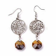 Natural Tiger Eye Dangle Earrings, with Brass Pins and Alloy Pendants, Flat Round with Flower, 62mm, Pendant: 45x20mm, Pin: 0.6mm(EJEW-I225-A02)