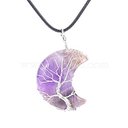 Natural Amethyst Crescent Moon Pendant Necklaces, with Copper Wire, 18.90 inch(48cm)(PW-WG70010-05)