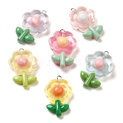 Translucent Resin Pendants, with Platinum Plated Iron Loops, Flower Charms, Mixed Color, 38x24x9mm, Hole: 2mm(CRES-M030-02)