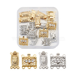 20Pcs 4 Style Brass Filigree Box Clasps, Multi-Strand Clasps, 3-Strands, 6 Holes, Rectangle, Mixed Color, 5pcs/style(KK-PJ0001-15)