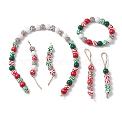 Wood Beads Pendant Decoraiton, with Jute Cord, Christmas Party Ornaments, Mixed Color, 560mm, 6pcs/set(HJEW-JM02270)