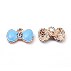 Alloy Enamel Pendants, with Crystal Rhinestone, Bowknot, Light Gold, Blue, 9x14.5x3.5mm, Hole: 1.5mm(AT-TAC0001-01D)