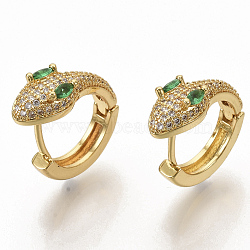 Brass Micro Pave Cubic Zirconia Huggie Hoop Earrings, Snake, Real 16K Gold Plated, Green, 20x20x7.5mm, Pin: 0.7x1.2mm(EJEW-S208-057B)