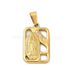 PVD Vacuum Plating 304 Stainless Steel Pendants, with Rhinestone, Rectangle with Virgin Mary, Golden, 24x15.5x3mm, Hole: 6.5x3.5mm(STAS-H173-02G)