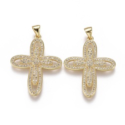 Brass Micro Pave Cubic Zirconia Pendants, Cross, Clear, Real 18K Gold Plated, 31.5x25x3mm, Hole: 3.5x4.5mm(ZIRC-F115-16G)