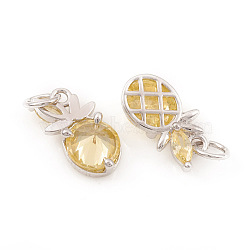 Brass Micro Pave Cubic Zirconia Charms, with Jump Ring, Pineapple, Yellow, Platinum, 10.5x6x3.5mm, Jump Ring: 4x0.6mm, Hole: 2.5mm(KK-I672-49P)