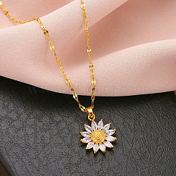 Sunflower Stainless Steel Clear Cubic Zirconia Pendant Necklaces for Women, Golden, 15.75 inch(40cm)(FS-WG5C110-01)