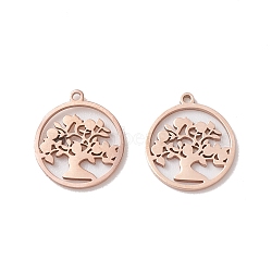 304 Stainless Steel Pendants, Flat Round with Tree of Life, Rose Gold, 13x12x0.8mm, Hole: 1mm(STAS-E159-02RG)