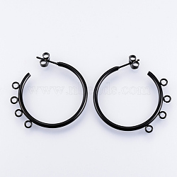 PVD Vacuum Plating 304 Stainless Steel Stud Earring Findings, Half Hoop Earrings, with Loop, Black, 32x33.5x2mm, Hole: 2mm, Pin: 0.8mm(STAS-Q231-02D)