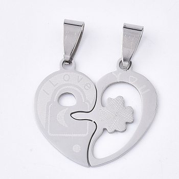201 Stainless Steel Split Pendants, for Lovers, Heart with Lock & Clover & Word I Love You, For Valentine's Day, Stainless Steel Color, 25x27x1mm, Hole: 8x4mm