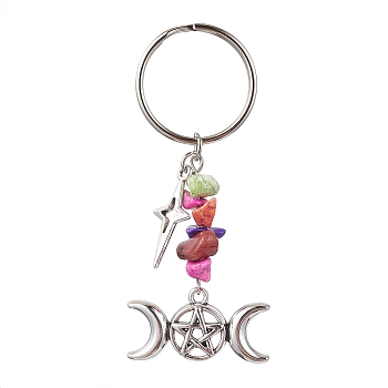Tibetan Style Alloy Keychain, with Dyed Synthetic Turquoise Beads Strands, Iron Split Key Rings, Star with Moon, Moon, 6.7cm, Moon: 43x30x7mm