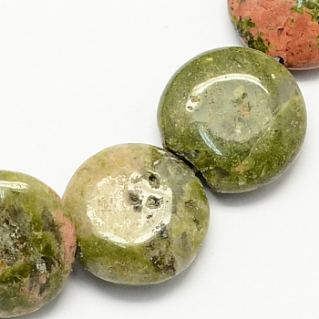 Natural Unakite Stone Beads Strands, Flat Round, 12x5mm, Hole: 1mm, about 33pcs/strand, 15.7 inch