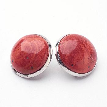 Natural Red Jasper Brass Clip-on Earrings, Flat Round, Platinum, 14~15x12~13mm