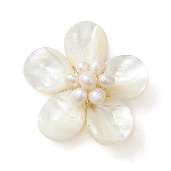 Natural Pearl & Shell Links Connector Charms, Flower Links with Copper Wire Double Loops, Golden, 34x37.5x14mm, Hole: 2.5mm