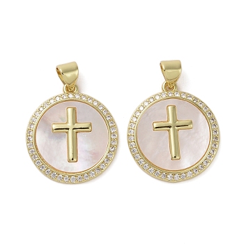 Brass Micro Pave Clear Cubic Zirconia Pendants, with Shell, Flat Round with Cross, Real 16K Gold Plated, 21.5x19x2mm, Hole: 3.5x4mm