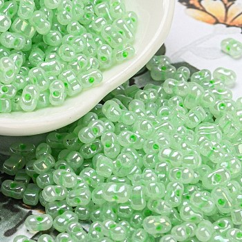 Ceylon Glass Seed Beads, Peanut, Pale Green, 4~4.5x2~2.5x2~2.5mm, Hole: 0.8~0.9mm, about 10000pcs/pound