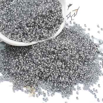 Transparent Inside Colours Glass Seed Beads, Cylinder, Silver, 1.6x1.3mm, Hole: 0.8mm, about 60000pcs/pound