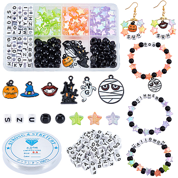 Elite DIY Halloween Bracelet Making Kit, Including Acrylic Beads with Letter, Pumpkin & Ghost & Witch Hat Alloy Enamel Pendants, Mixed Color, Beads: 220Pcs/box