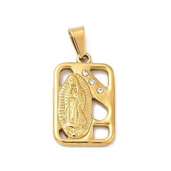Vacuum Plating 304 Stainless Steel Pendants, with Rhinestone, Rectangle with Virgin Mary, Golden, 24x15.5x3mm, Hole: 6.5x3.5mm