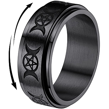 Triple Moon Goddess Stainless Steel Rotating Finger Ring, Fidget Spinner Ring for Calming Worry Meditation, Black, US Size 12(21.4mm)