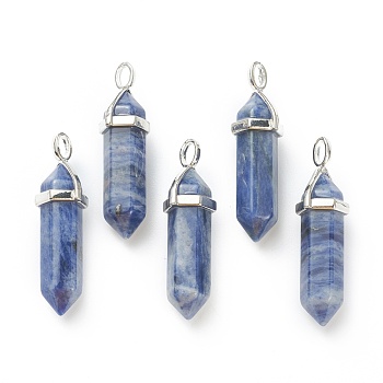 Natural Sodalite Pendants, with Platinum Tone Brass Findings, Bullet, 39.5x12x11.5mm, Hole: 4.5x2.8mm