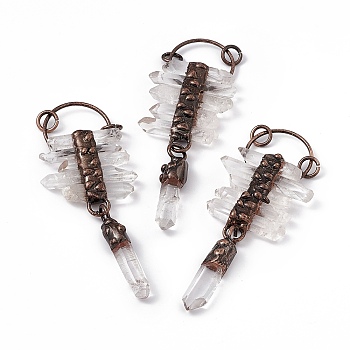 Natural Quartz Crystal Pendants, Rock Crystal Pendants, Faceted Nuggets Charms, with Rack Plating Red Copper Tone Brass Findings, Cadmium Free & Lead Free, 100mm, Pendant: 43~46x9x8~10mm, Ring: 9x1.5mm, Hole: 6mm