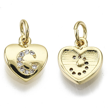 Brass Micro Pave Clear Cubic Zirconia Charms, with Jump Ring, Heart with Letter, Real 16K Gold Plated, Nickel Free, Letter.C, 10x9x2mm, Jump Ring: 5x1mm, 3mm inner diameter