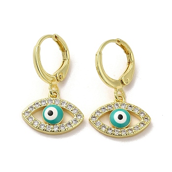 Horse Eye Real 18K Gold Plated Brass Dangle Leverback Earrings, with Enamel and Cubic Zirconia, Light Sea Green, 23.5~24x14.5mm