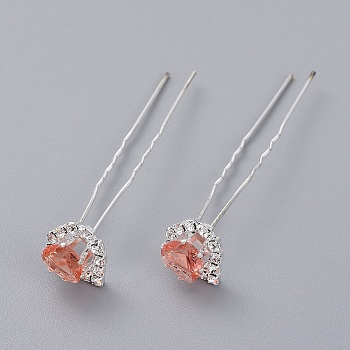 (Defective Closeout Sale), Lady's Hair Accessories, Silver Color Plated Iron Hair Forks, with Glass Rhinestone, Heart, Light Salmon, 72mm