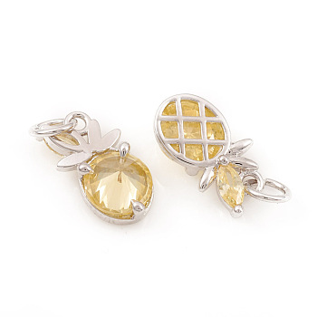 Brass Micro Pave Cubic Zirconia Charms, with Jump Ring, Pineapple, Yellow, Platinum, 10.5x6x3.5mm, Jump Ring: 4x0.6mm, Hole: 2.5mm