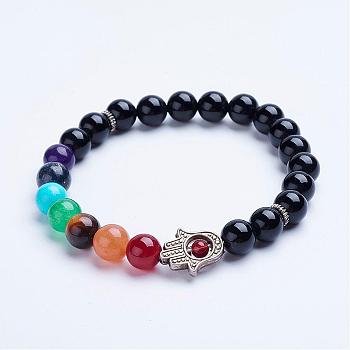 Natural Black Agate Beaded Stretch Bracelets, with Alloy Spacer Beads, Hamsa Hand/Hand of Fatima/Hand of Miriam, 1-3/4 inch(45mm)